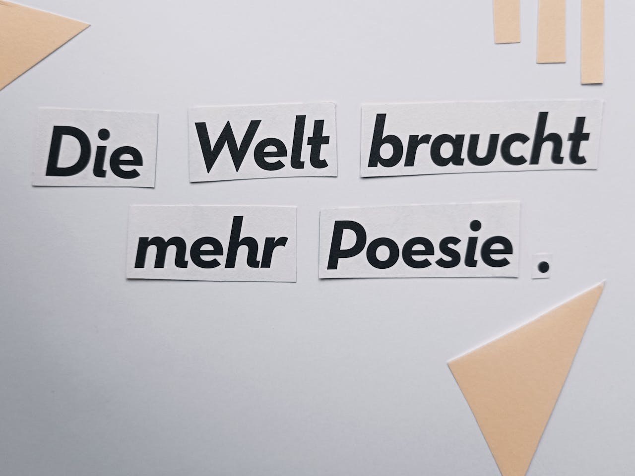 Cut-out text Die Welt braucht mehr Poesie on a minimalist white background.